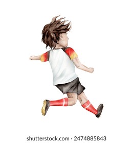 Football player young sportsman hand drawn with watercolor. World Cup in Germany. Brunette boy plays football in German uniform in black red yellow. Isolated illustration of a boy playing soccer game. - Powered by Shutterstock