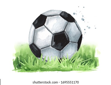 Football soccer Ball on the green grass. Hand drawn watercolor illustration, isolated on white background