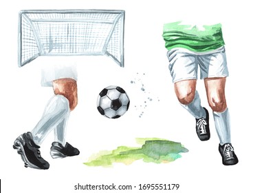 Football soccer set. Ball,  player, goal. Hand drawn watercolor illustration, isolated on white background