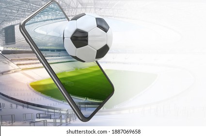 Football soccer sport stadium field, smartphone with ball, tribunes. Mobile football soccer championship arena. Watching sports, gaming apps, betting online, coronavirus impact sport events 3D concept - Powered by Shutterstock