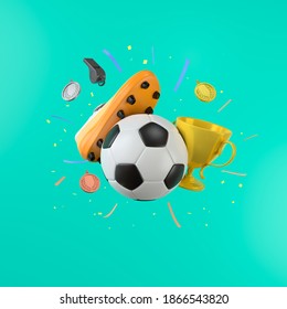 football sports object on blue background. football shoes kick the ball. gold cub and gold medal silver copper. football concept design. sport competition. celebration winner. symbol 3d illustrator - Powered by Shutterstock