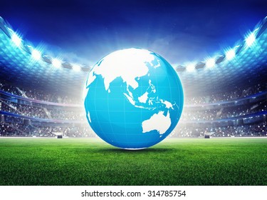 Football Stadium With Asia Globe Map On The Grass Field Sport Illustration