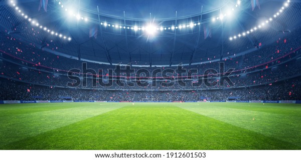 Football stadium at night. An imaginary\
stadium is modelled and\
rendered.	\
