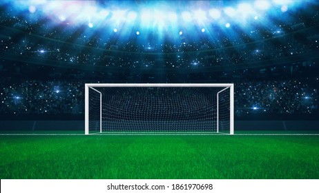 Football Stadium Penalty Spot View With Empty Goal And Cheering Fans On Background. Digital 3D Illustration For Sport Advertising.	