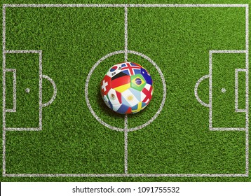 Football Stadium Seen From Above With International Soccer Ball Featuring Many National Flags Ready For Kickoff (3D Rendering)