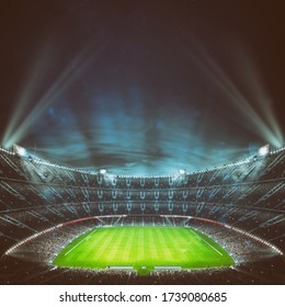 Football Stadium With The Stands Full Of Fans Waiting For The Night Game. Top View. 3D Rendering
