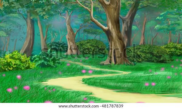 おとぎ話の夏の森の歩道 デジタルペイントの背景 カートーンスタイルのキャラクターのイラトス のイラスト素材