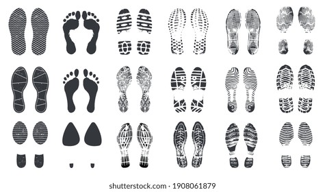 Footprint silhouettes. Barefoot, sneaker and shoes steps with dirt texture. Walking boot footprints, foot imprints isolated set