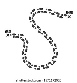 Footprint Trail From Start Point To Finish Pin. Black Print Of Boots. Illustration Isolated On White Background