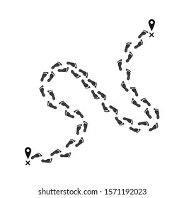 Footprint Trail From Start Point To Finish Pin. Black Print Of Route On Map. Illustration Isolated On White Background