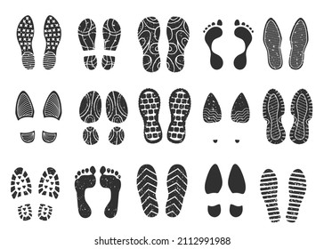 Footprints Silhouette, Footsteps, Boot Sneaker Shoe Print. Human Barefoot Imprint, Dirty Shoes Sole Prints, Footprint Steps.  Set. Different Black Marks, Pair Of Shoes Walking