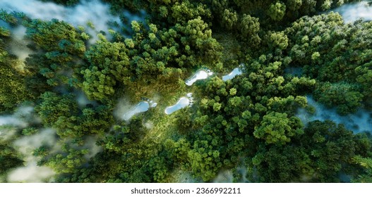 Footprint-shaped lake in a verdant forest, emblematic of human impact on terrain, with undertones of climate protection and nature conservation. 3d rendering. - Powered by Shutterstock