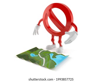 Forbidden character looking at map isolated on white background. 3d illustration