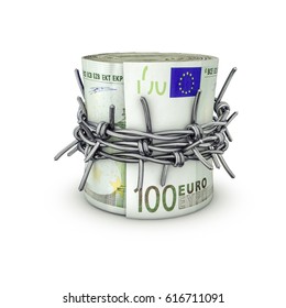 Forbidden Money Euros / 3D Illustration Of Rolled Up Hundred Euro Notes Tied With Barbed Wire