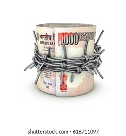 Forbidden Money Rupees / 3D Illustration Of Rolled Up Thousand Rupee Notes Tied With Barbed Wire