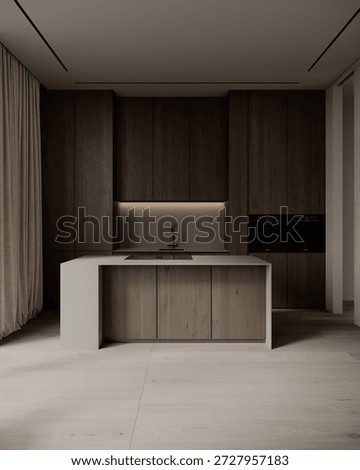 In the foreground is a large L-shaped corner sofa upholstered in a taupe fabric, next to which is a low, square, dark wood coffee table. A soft, light-colored rug lies on the dark wood floor.