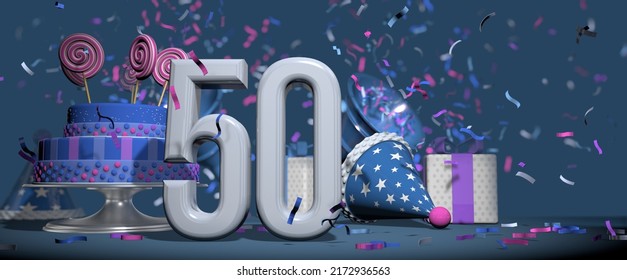 Foreground solid white number 50, birthday cake adorned with candy lollipops, gifts and party hat with bugles shooting out pink and purple confetti against dark blue background. 3D Illustration