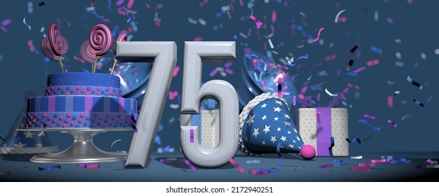 Foreground solid white number 75, birthday cake adorned with candy lollipops, gifts and party hat with bugles shooting out pink and purple confetti against dark blue background. 3D Illustration