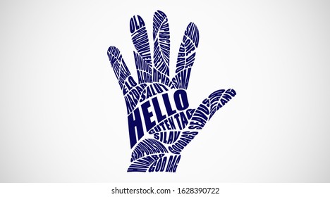 Foreigh Languages. Hello Word Collage In Different Languages Forming Open Palm Hand Shape. Blue Typography Greetings On Gray Background. Panorama