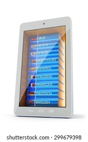 Foreign languages learn and translate, education and communication concept, translator application, books with flags of the world countries inside the mobile phone isolated on white background