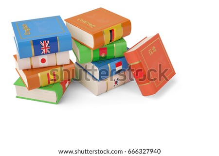 Foreign languages learn and translate education concept books with covers in colors of national 3d illustration.