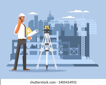 Foreman on construction flat design. Builder work on site, engineer or contractor, illustration