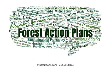 Forest Action Plans Word Cloud. Composition Of Words Related To Forest Management, Restoration, Biodiversity, Climate Policy, And Sustainable Development Goals.
