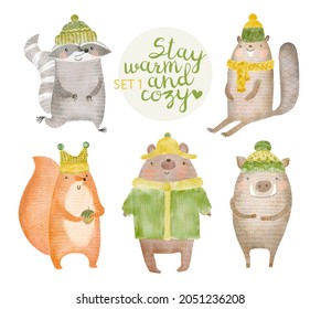 Forest Animal Watercolor Set In Warm Cozy Autumn Clothing. Raccoon, Beaver, Squirrel, Bear, Boar. Baby Animals In Winter Outfit Isolated On White Background. 