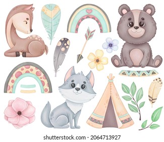 Forest Animals, Boho Watercolor Clipart, Bear, Deer, Wolf. Tribal Clip Art 