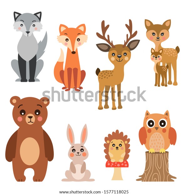白い背景に森の動物のコレクション かわいい動物のイラストのセット