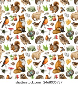 Forest animals with natural elements seamless pattern. Hand drawn watercolor illustration. Vintage style forest animals, birds, natural elements, mushroom, fern, grass seamless pattern