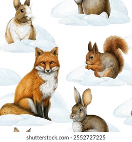 Forest animals in snow piles seamless pattern hand drawn illustration. Winter season fox, bunny, squirrel animals on white background. Perfect for winter mood design, decoration, wrapping paper - Powered by Shutterstock