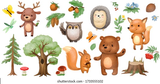 forest animals stickers set isolated on white