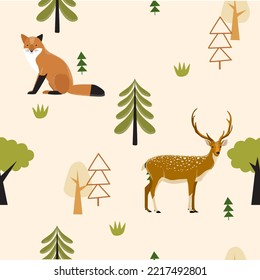 Forest Background With Fox And Deeer. Seamless Background. Wild Nature. Summer Forest