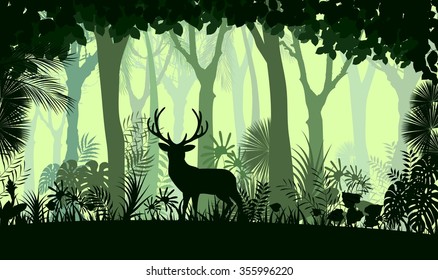 Forest background with wild deer of trees