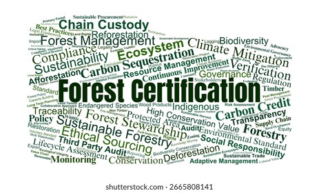 Forest Certification Word Cloud. Composition Of Words Related To Sustainable Forestry, Conservation, Legal Compliance, And Environmental Stewardship In Global Forest Management. - Powered by Shutterstock - Get 15% off with code: PIKWIZARD15