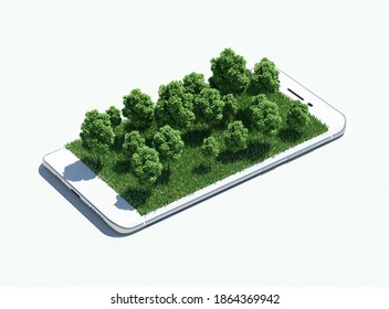 Forest Emerging From A Smartphone Screen. 3D Render.