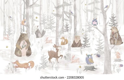 Forest. Fantasy Forest. Cute Animal.mage For Photo Wallpapers And Frescoes. Illustration For Children. Wall Wallpaper For Kids