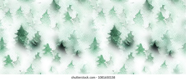 a forest of fir trees in the fog. watercolor. background