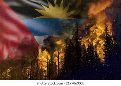 Forest Fire Fight Concept, Natural Disaster - Heavy Fire In The Woods On Antigua And Barbuda Flag Background - 3D Illustration Of Nature