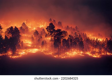 Forest Fire At Night. Fire In The Forest, Trees And Grass Are Burning. Fires Destroy Nature. Tongues Of Flame In The Night Glow.