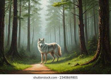 Forest illustration was created using oil painting and canvas and a wolf is standing in the middle of trees.
