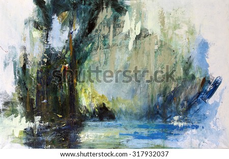 Forest Lake, Abstract deep forest. Painting, pictorial art