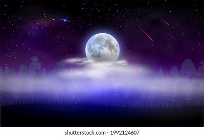 Forest Land Scape With Full Moon Hidden By Clouds