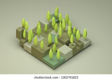 forest landscape 3d low poly cute retro isometric 3d illustration.