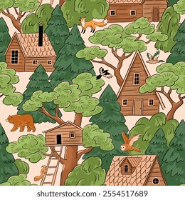 Forest landscape cabin core vector seamless pattern. Nature with wooden houses, forest and wild animals. Tourist summer vacation, countryside seamless background. 