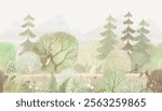 Forest landscape, green trees, tall firs, cute deer, bunny. Watercolor illustration. Decor for children