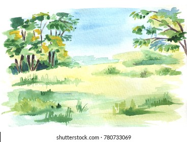 Forest Landscape. Hand Drawn Watercolor  Template And Background