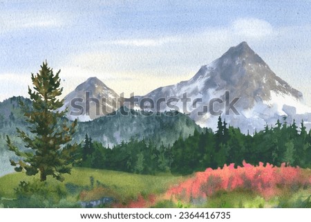 Forest landscape with mountain, flowers and trees. Hand drawn watercolor illustration isolated on white background