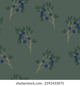 
Forest landscape seamless pattern. Deciduous branches with berries on a green background. Hand drawn wallpaper texture